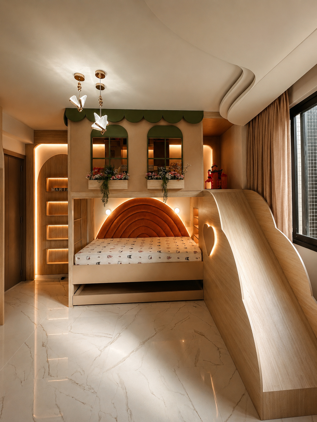 Quarto infantil planejado com beliche e escorregador, projeto Seade & Serra